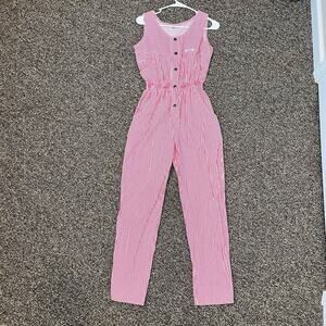Vintage 80’s IDEAS XS Striped Sleeveless Jumpsuit Snaps Pockets Elastic Waist